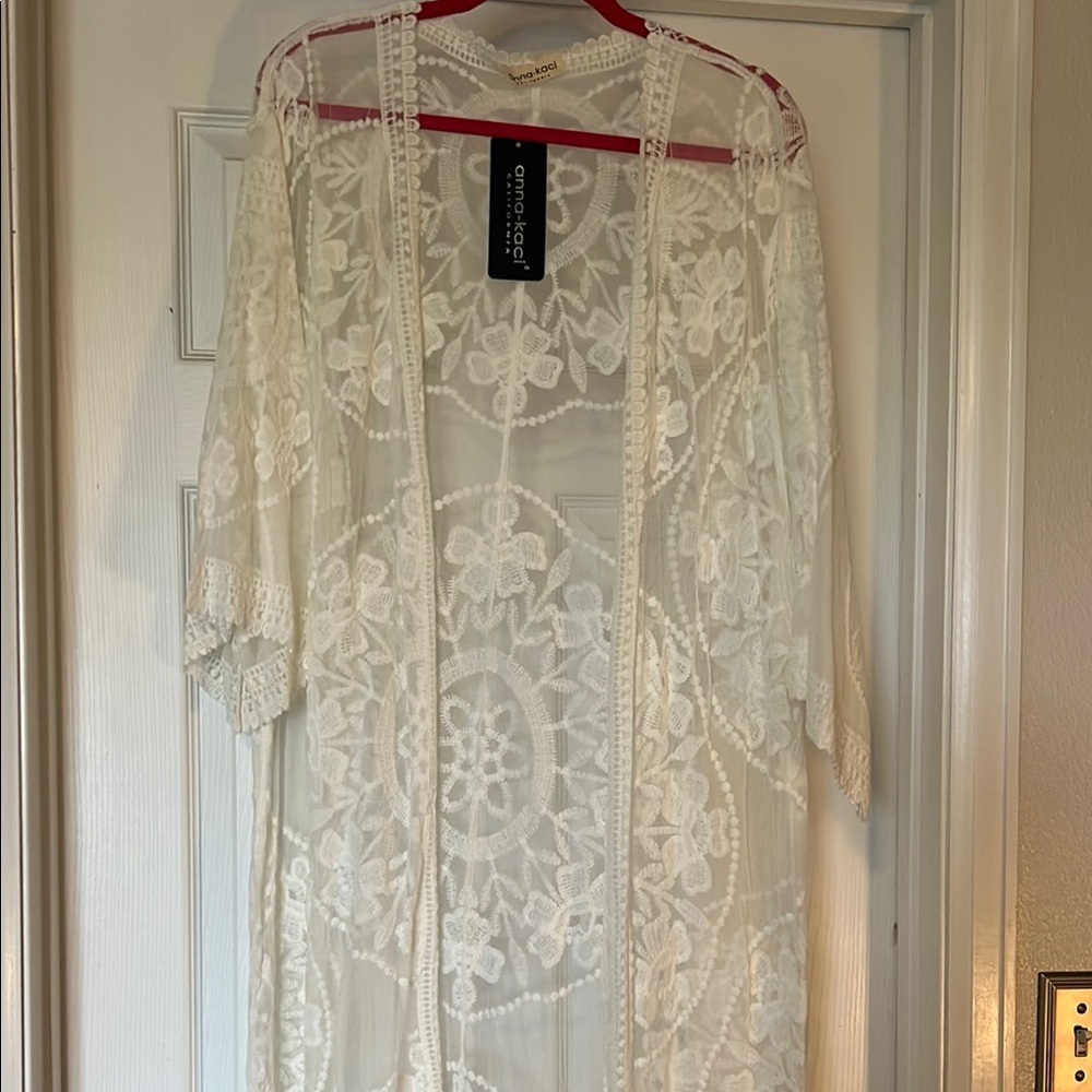 Cream Lace Robe with Floral Pattern and Sheer Design